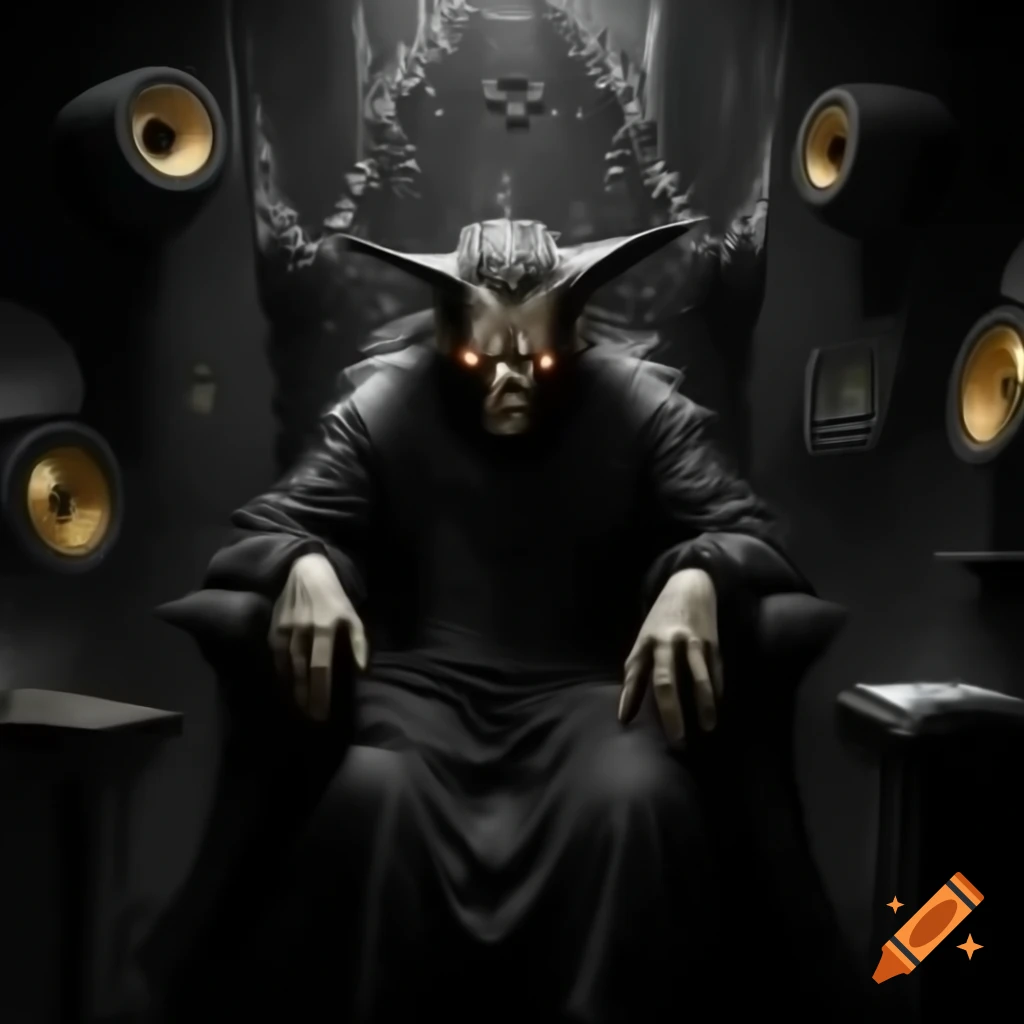 Witch king on throne made of loudspeakers, dark gothic style