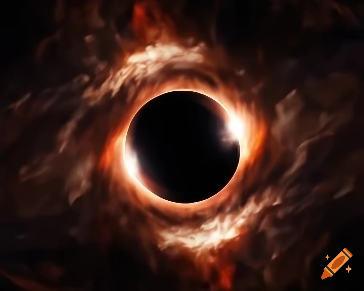 Realistic rendering of a black hole in star-filled space with artistic lens flare