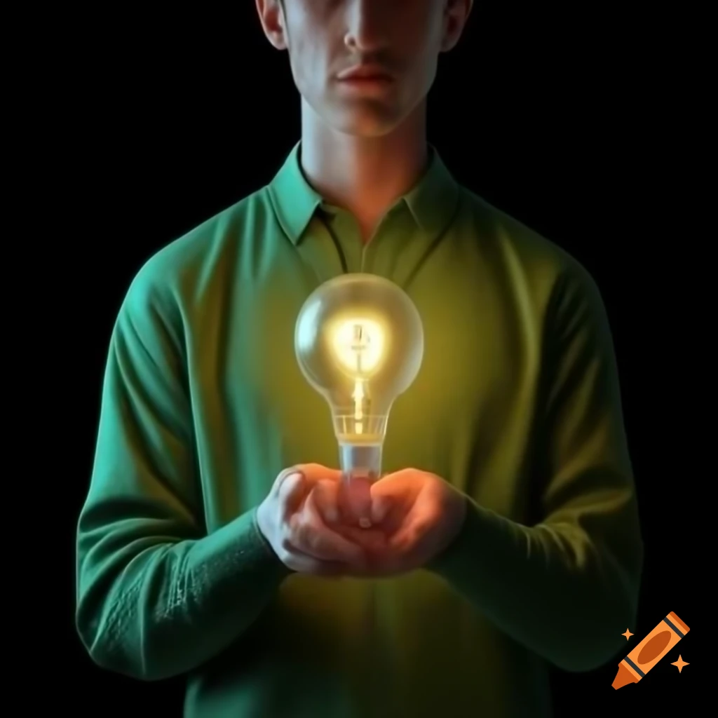 Young man holding glowing green lightbulb