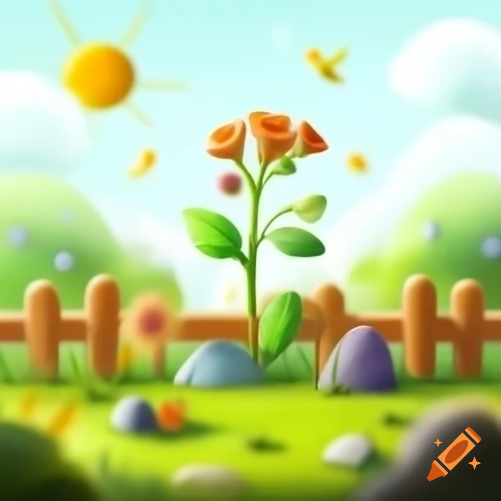 Garden scene with plants, flowers, stones, fence, sun, flying birds, and clouds