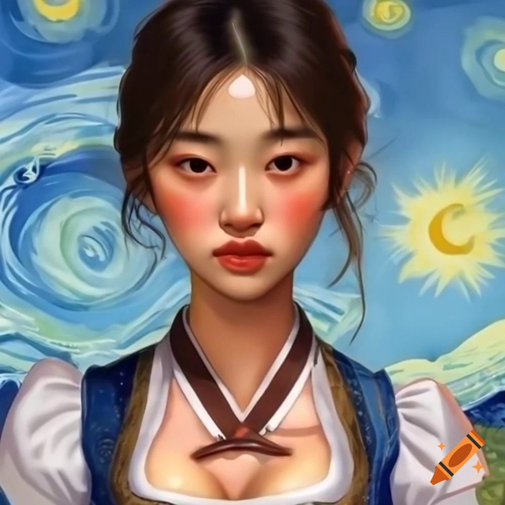 Stunning portrait of a Korean woman in Dirndl with Van Gogh and Rembrandt influences