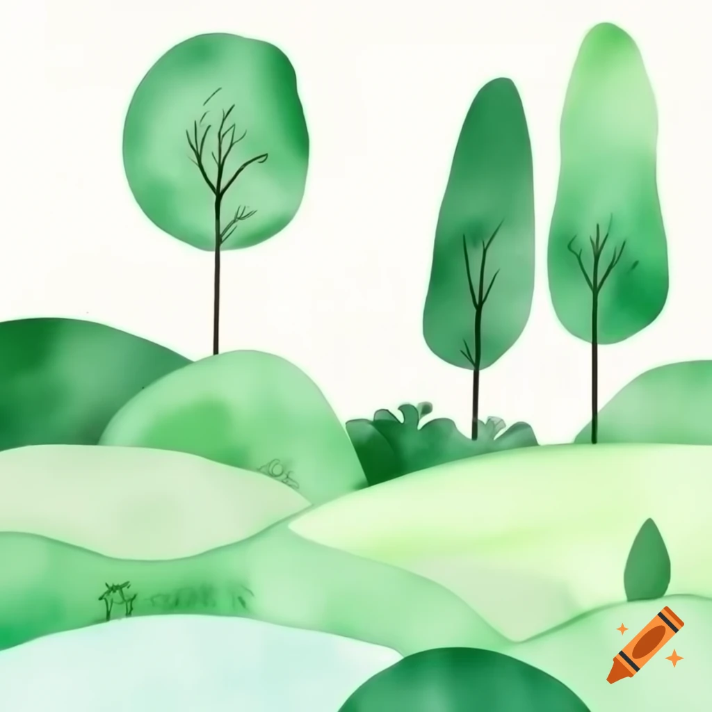 Watercolor art depicting green and white trees and nature