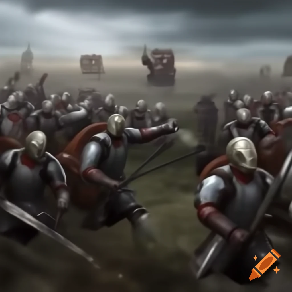 Epic battle scene of swordsmen and modern warfare with artillery blasts