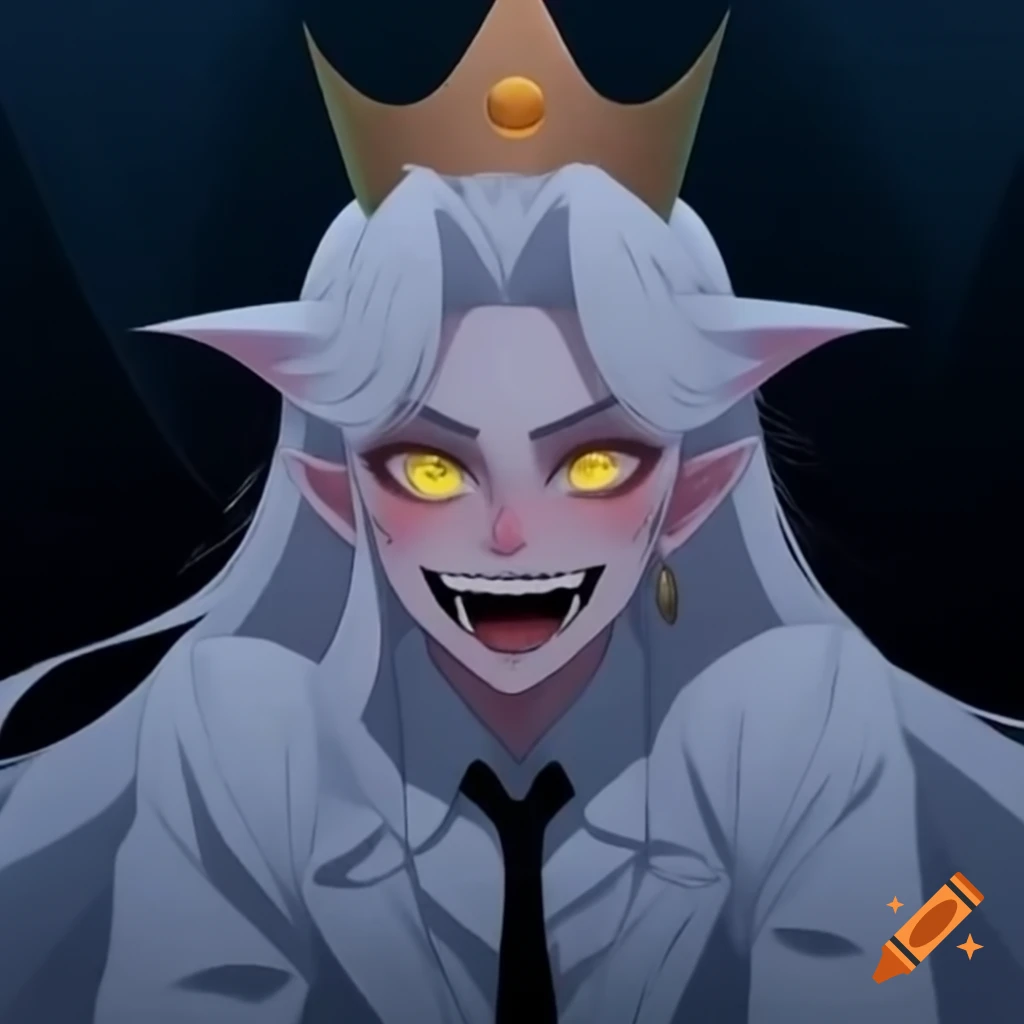 Young vampire prince in white suit and crown with yellow eyes laughing