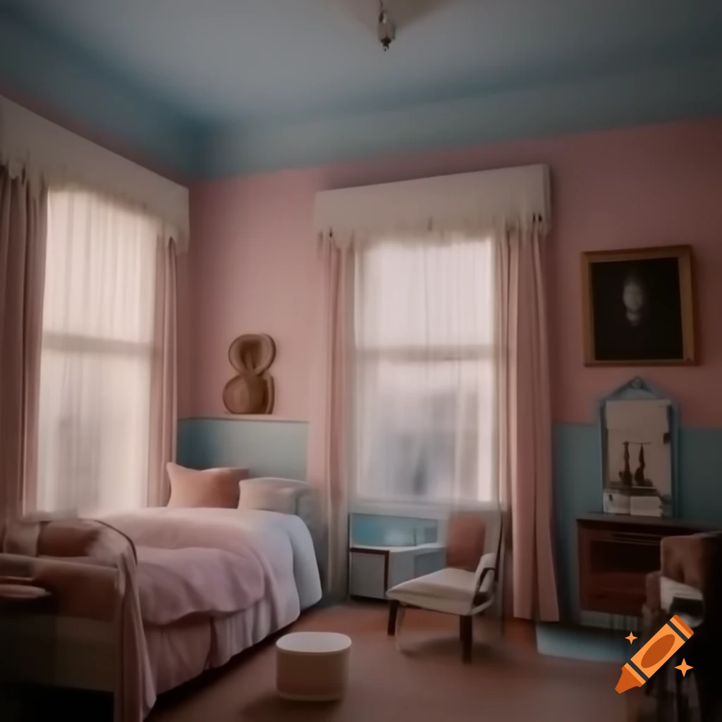 Elegant room for nobles in pale pink and light blue with chest of clothes