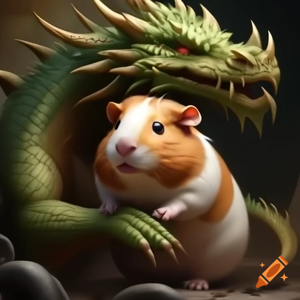 Guinea pig battling a dragon in a whimsical scene