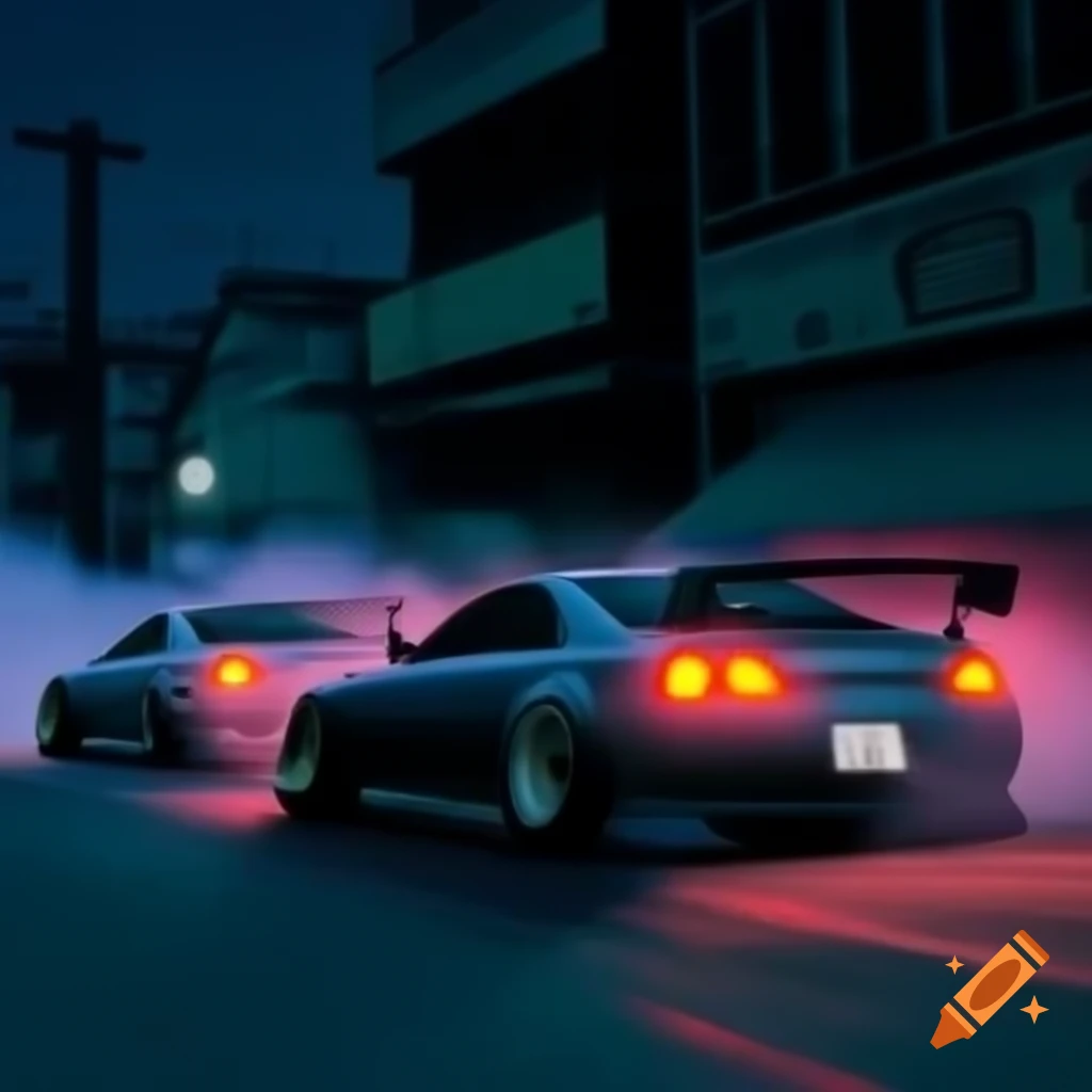 Two Nissan Silvias drift tandem on a night street, cartoon style