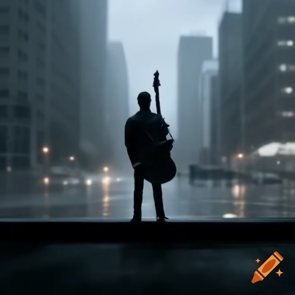 Man with electric guitar facing cityscape under rain