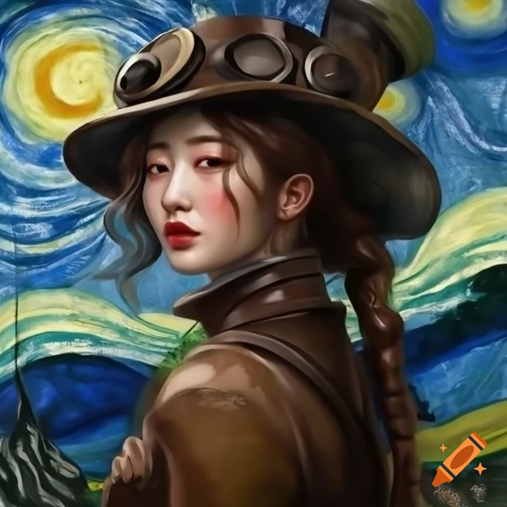 Korean woman in Steampunk attire styled in Van Gogh and Rembrandt techniques