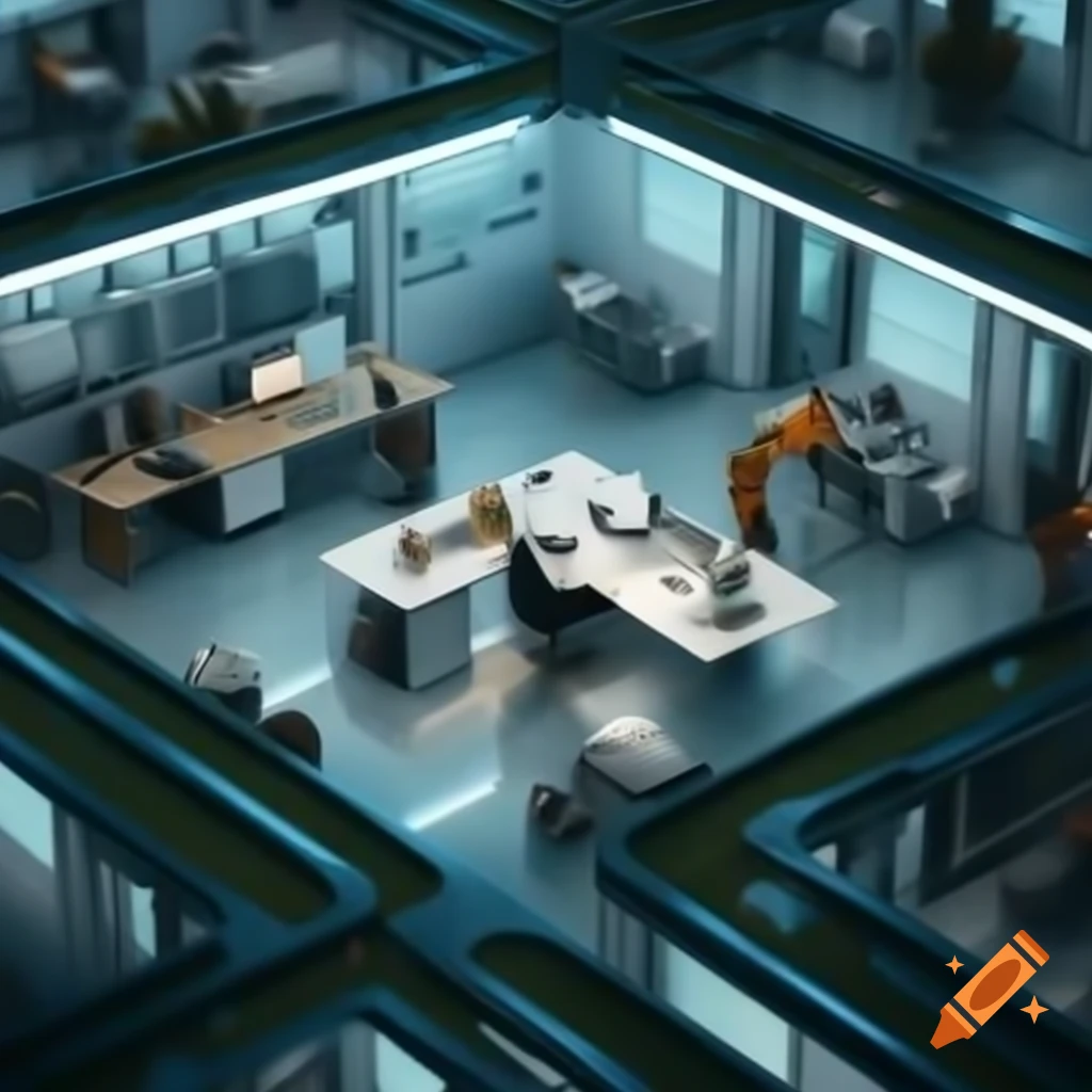Futuristic office building with people working inside