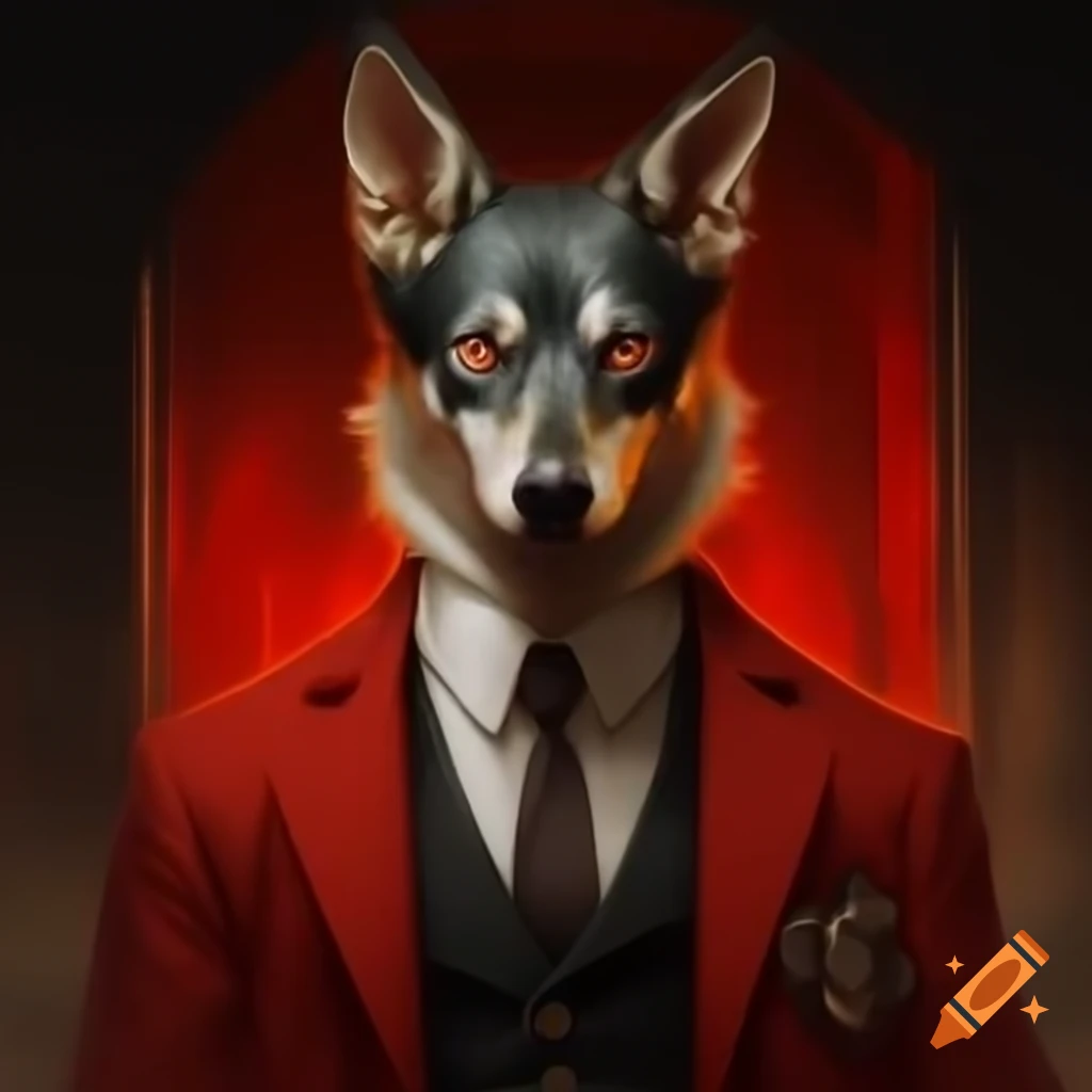 Anime character with canine head in red vintage hotelier outfit, classic horror aesthetics