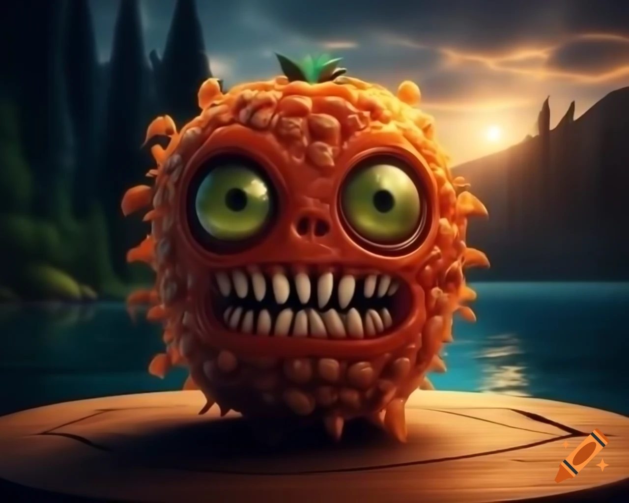Hyper-realistic 3D orange fruit monster with human features on wooden table