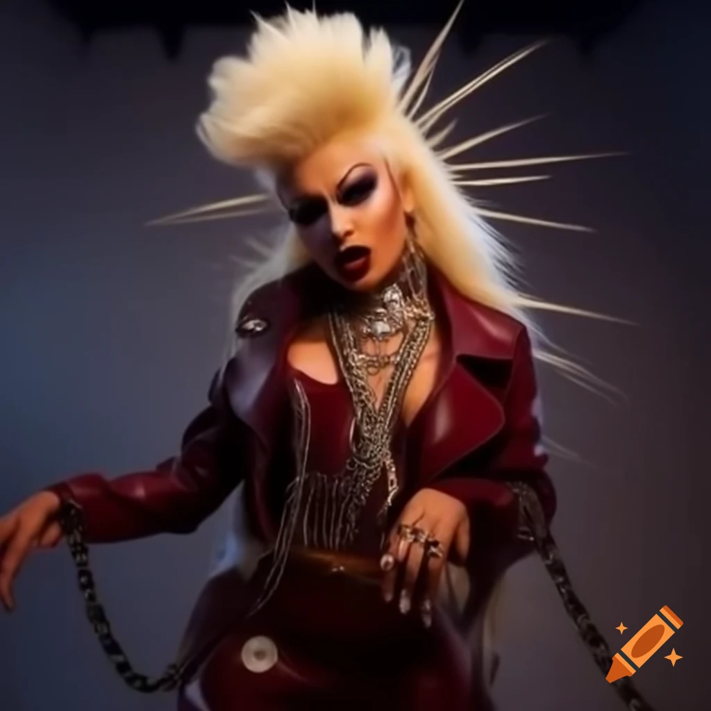Punk queen in maroon leather with spikes and chains for RuPaul's Drag Race promo