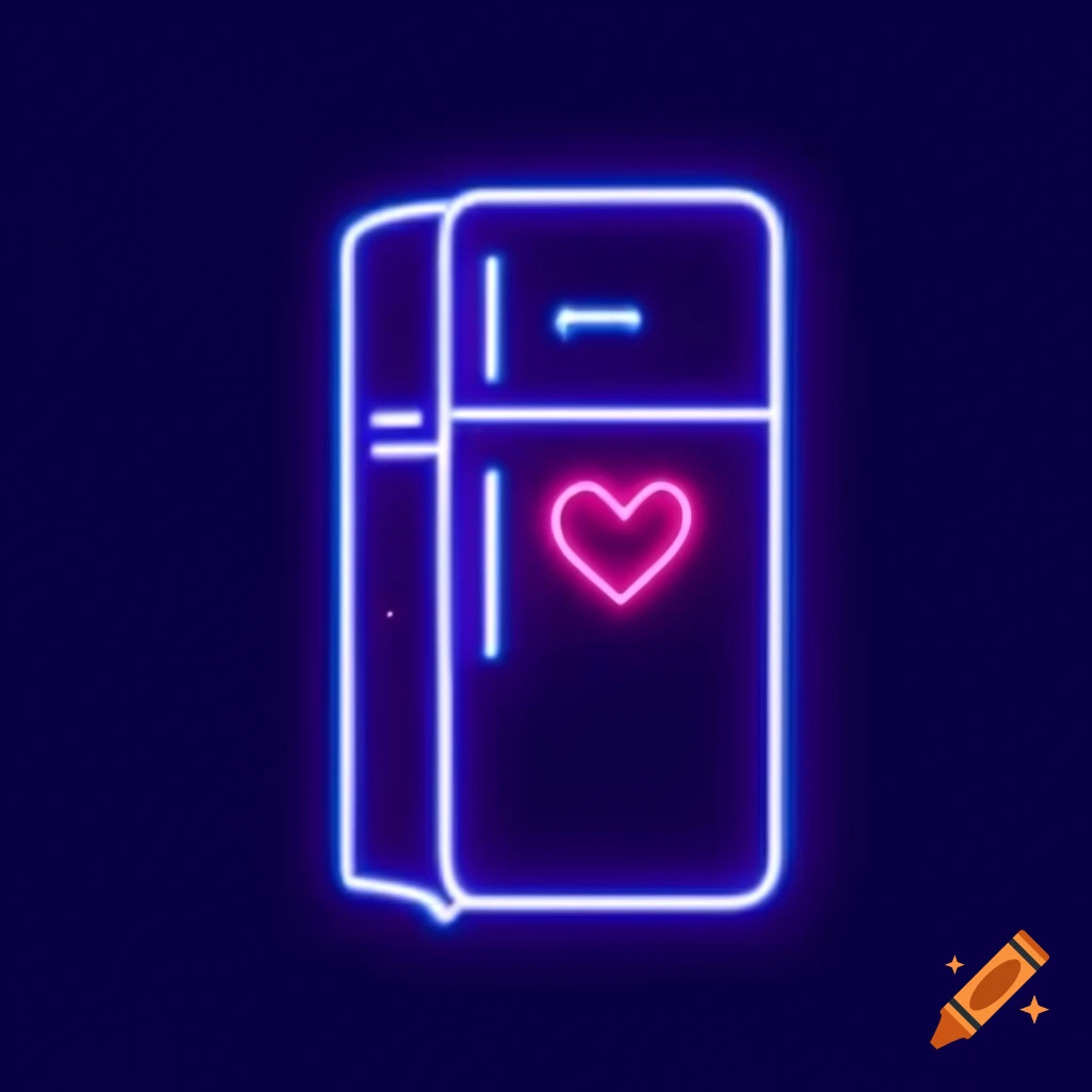 Vibrant neon fridge vector with heart design in purple and green colors