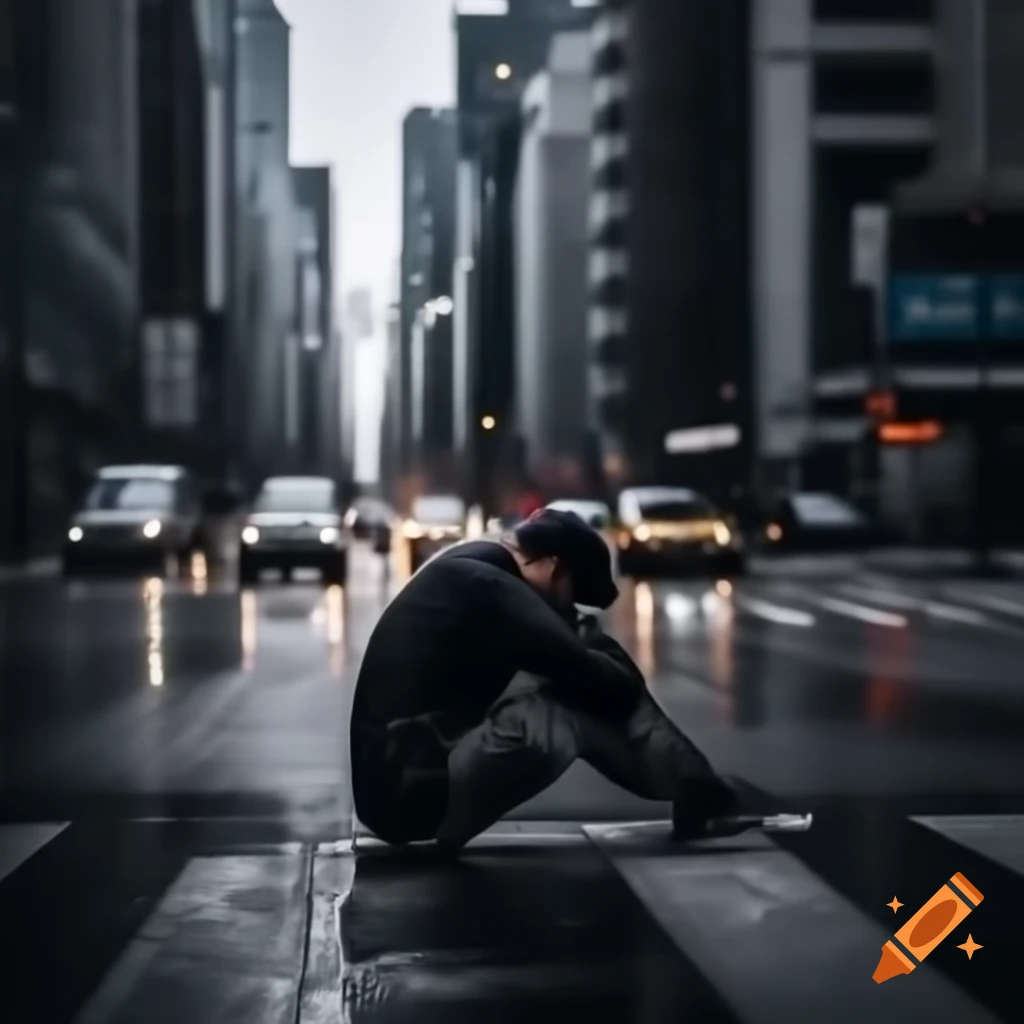 Muslim male crying in busy city road under rain, photorealistic