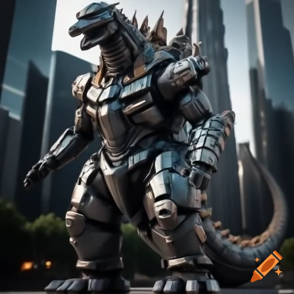 Mechanical kaiju resembling Mechagodzilla towering over city with glowing green reactor