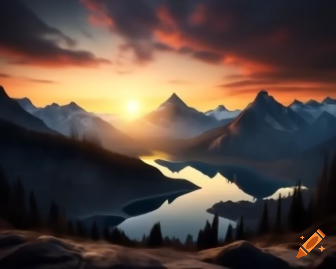 Photorealistic 3D render of mountain lake at sunset with sun rays and island