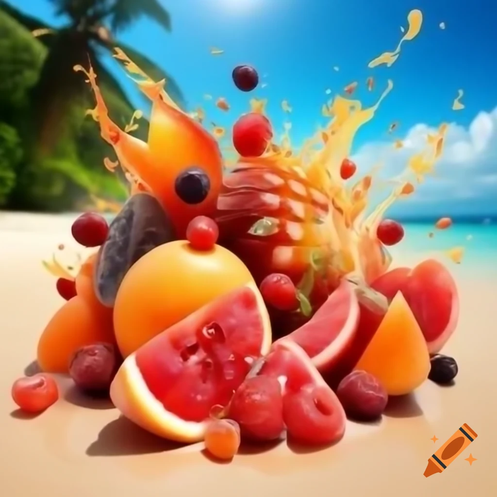 Vibrant spread of exotic fruits on tropical beach