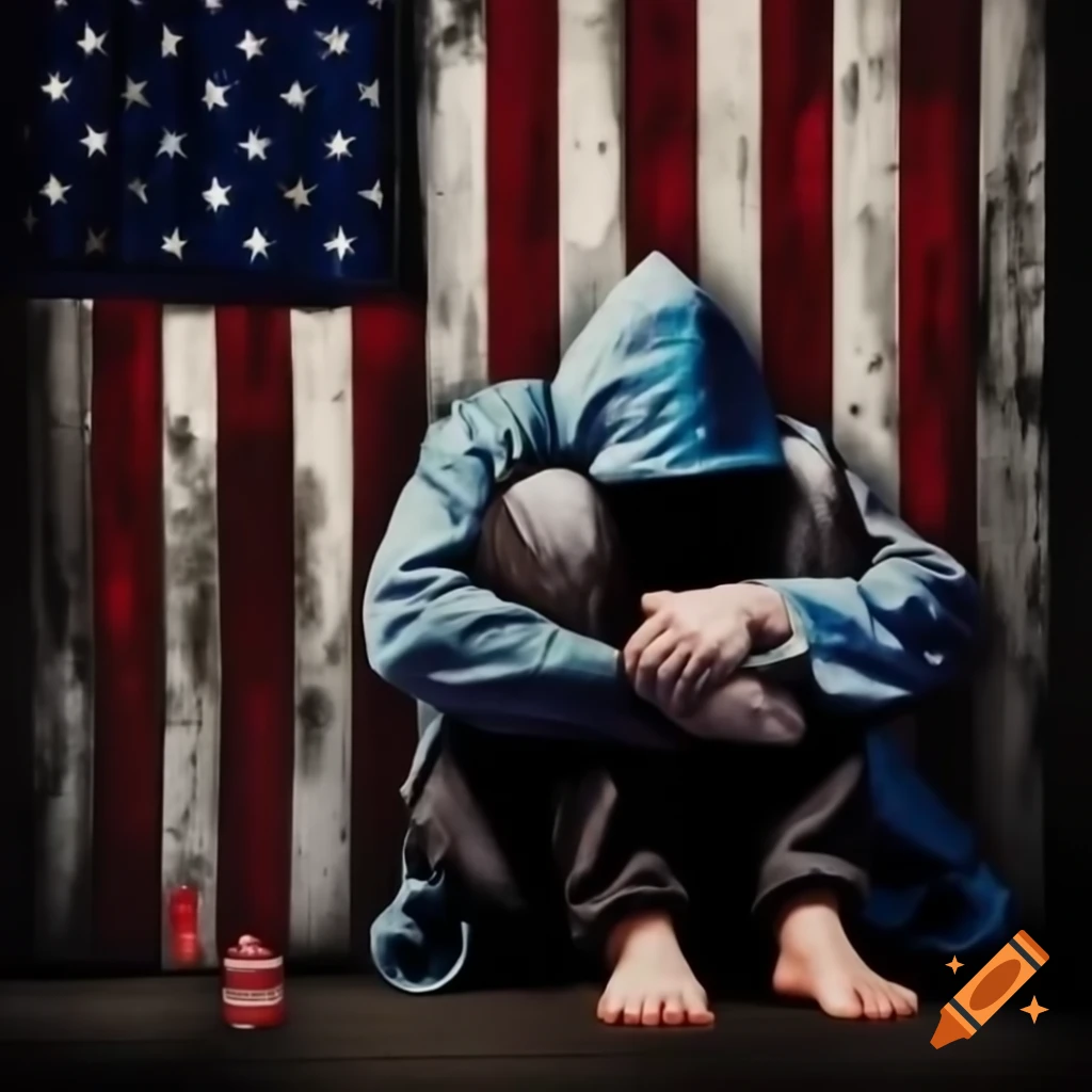 Homeless person on street next to American flag symbolizing struggle and potential