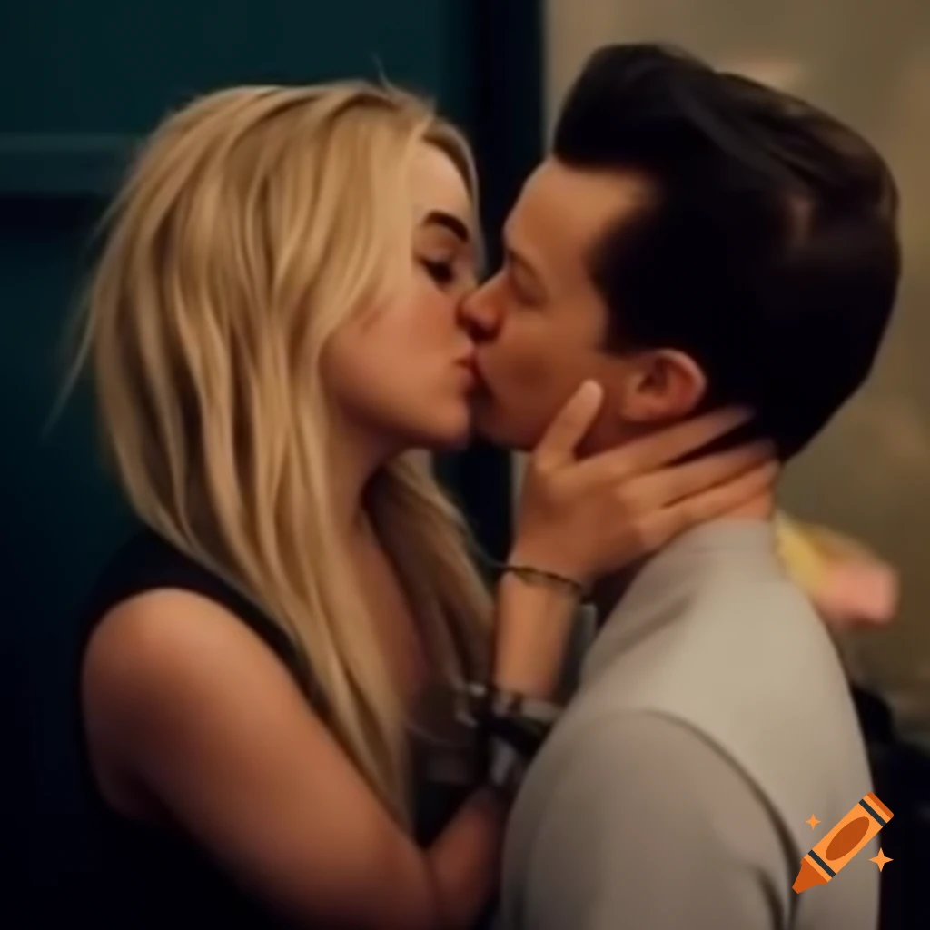 Sabrina Carpenter and Tom Holland sharing a kiss