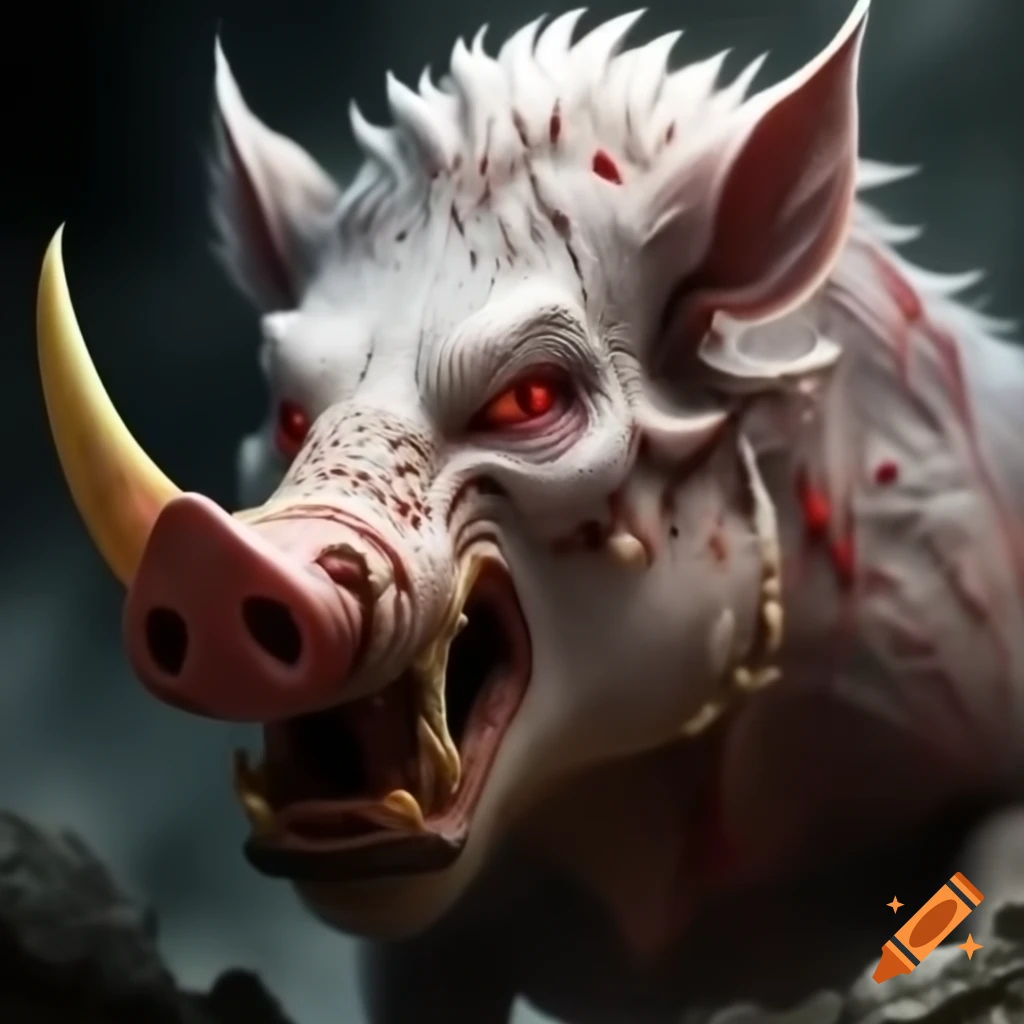 Ancient white boar with fierce red eyes and yellow tusks