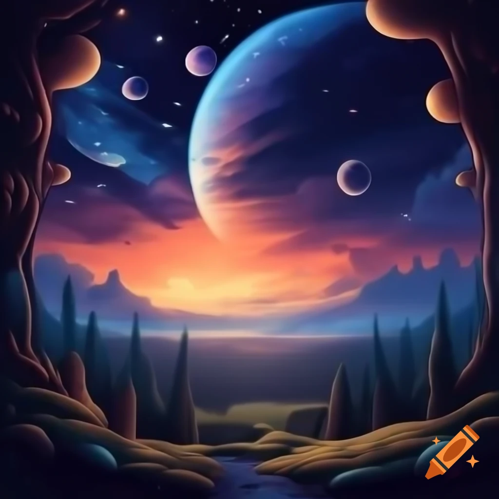 Alien forest under beautiful skies with distant planets and stars