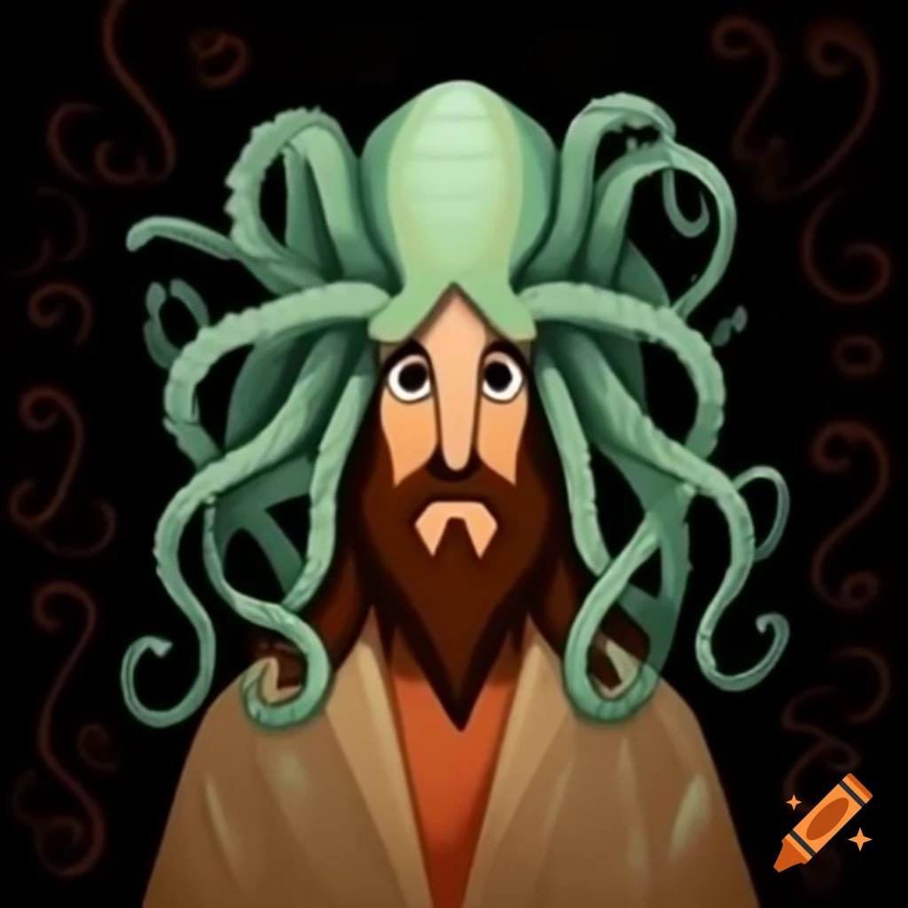Cthulhu-headed figure resembling Jesus, merging religious and mythological themes