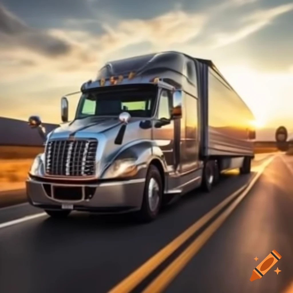 Transport truck driving on sunlit road through golden landscape