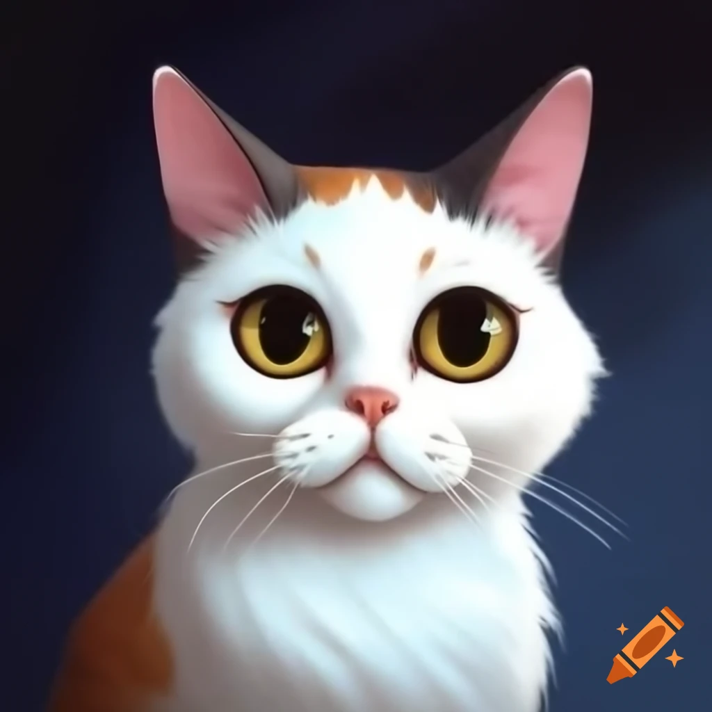 Art of a white cat with brown spots, blue eyes, and big ears