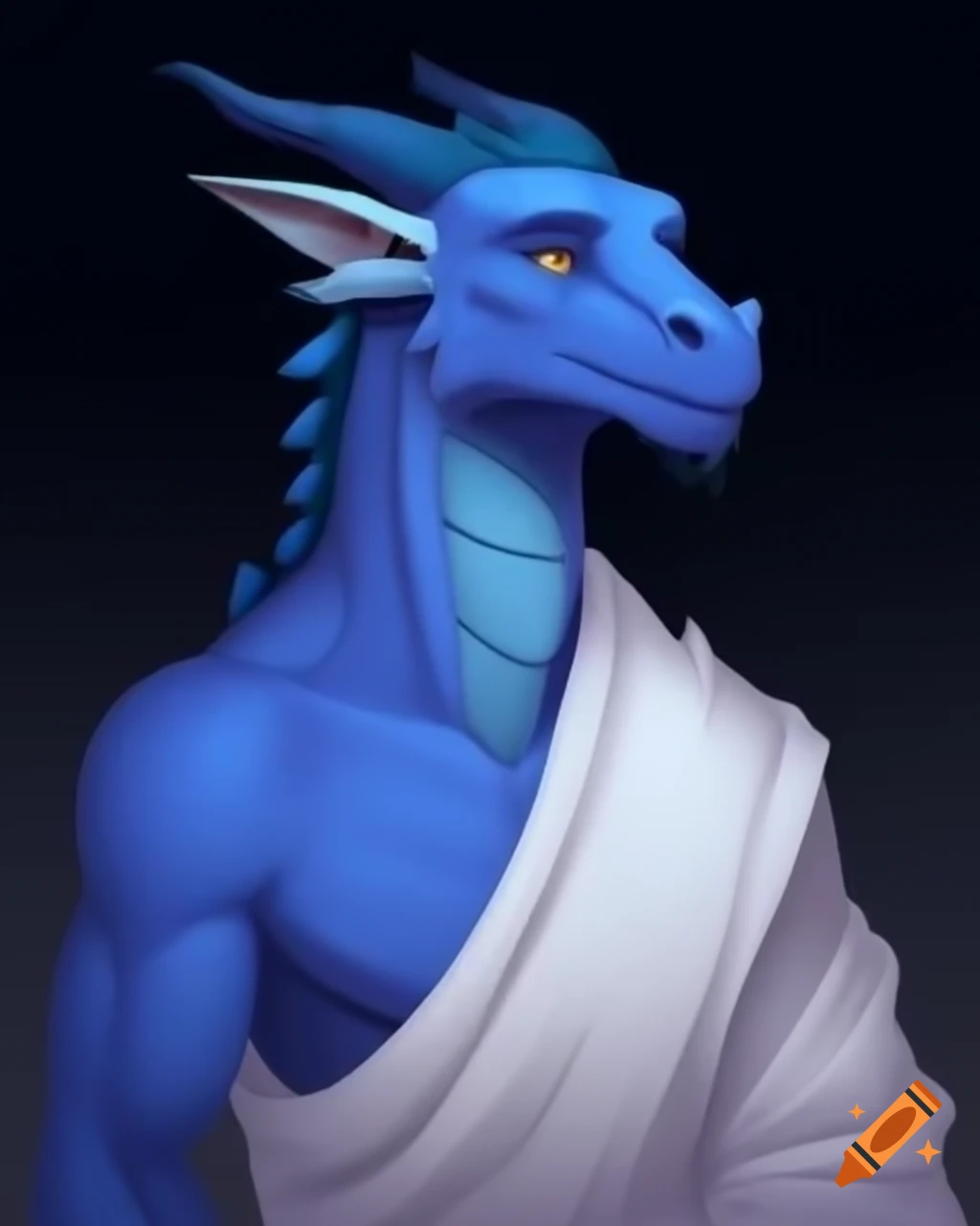 Calm anthropomorphic male blue dragon in white robe
