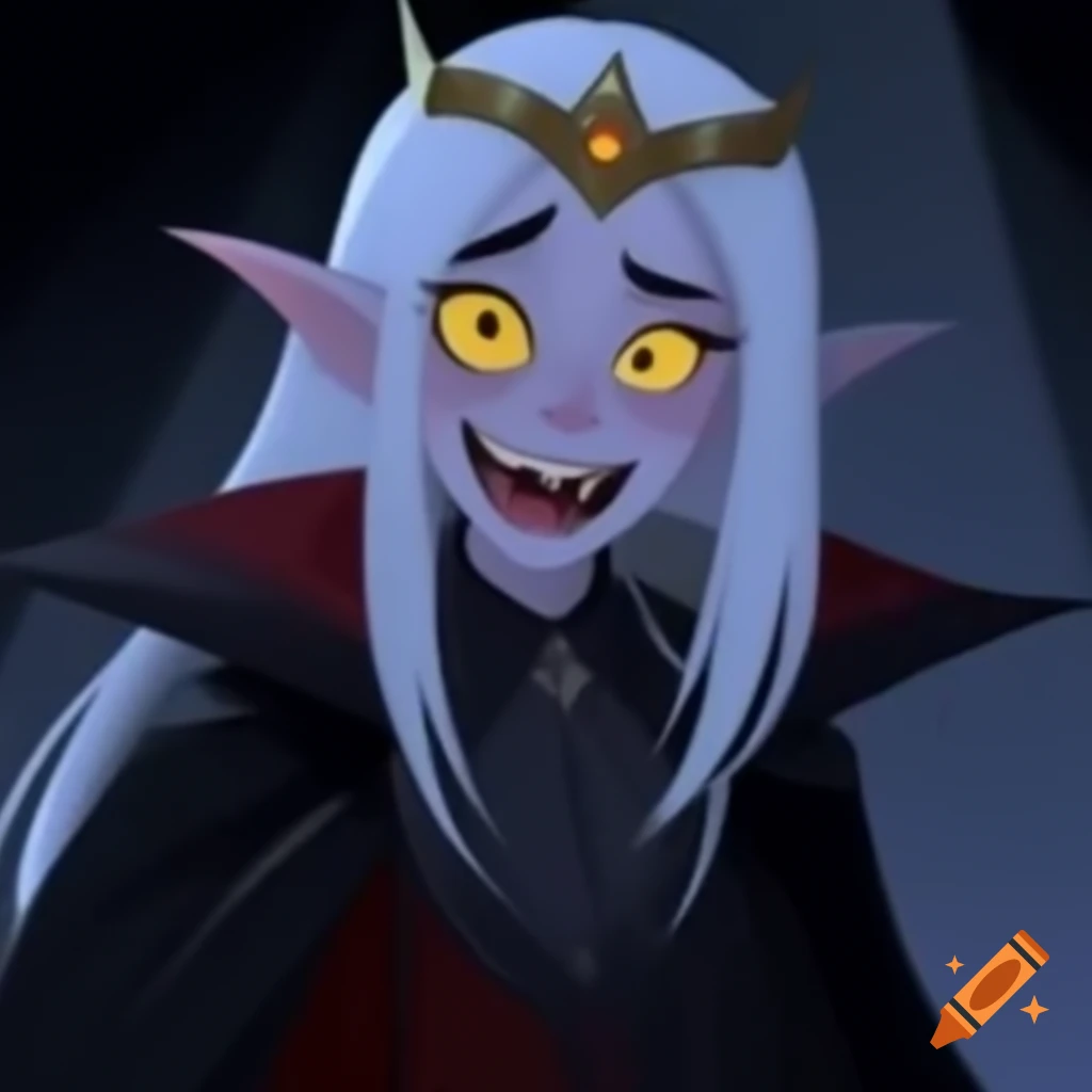 Handsome vampire prince with white hair and yellow eyes in black suit and crown
