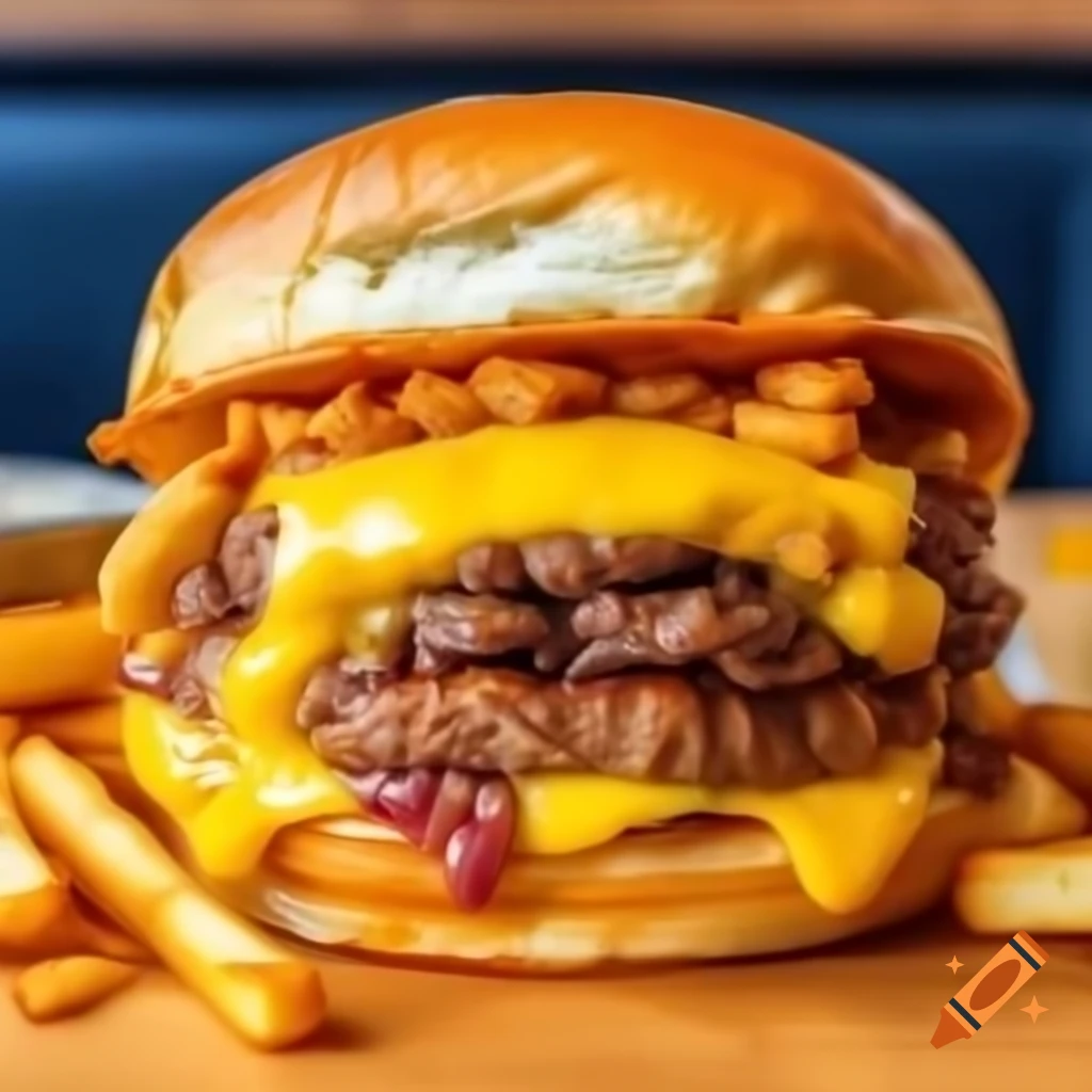 Delicious burger with tomato, lettuce, cheese, and lots of fries