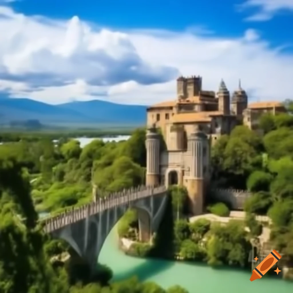 Castillo medieval en montaña con río caudaloso, cielo azul y puente colgante
