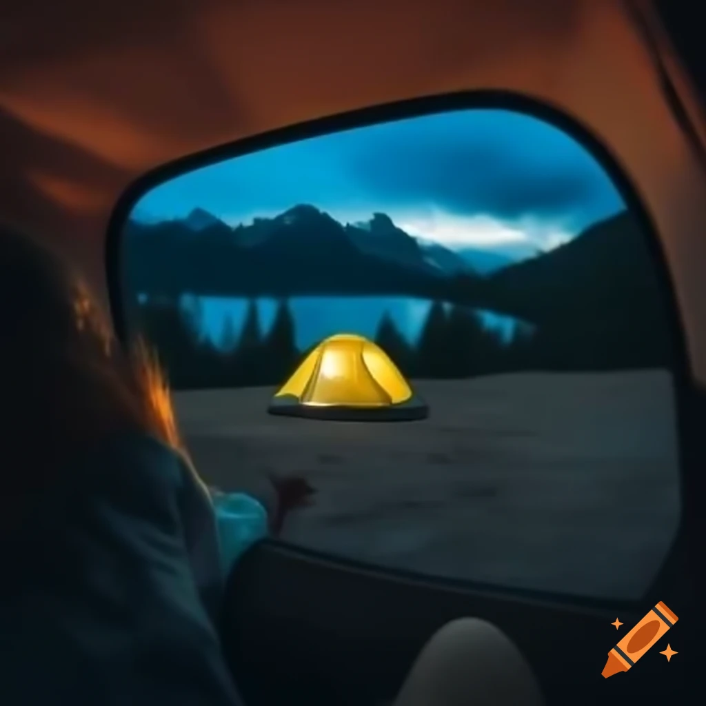 Night landscape view from a car on mountaintop overlooking a lake
