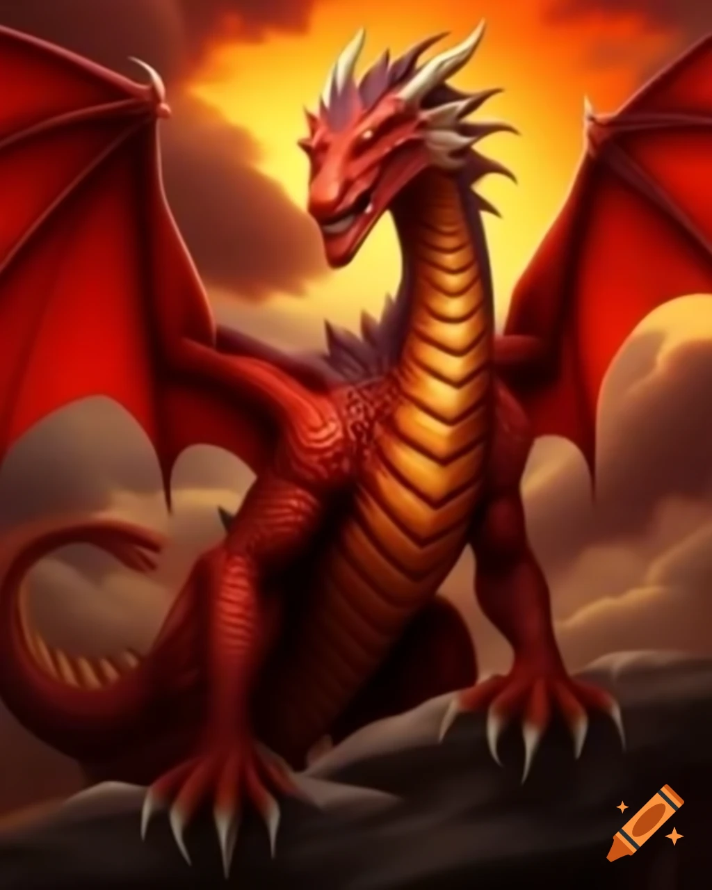 Cartoonish red dragon with black stripes against fiery sunrise