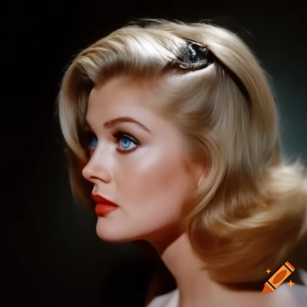 Hyper-realistic retro photo of beautiful European actress from 1963 with blue eyes and wavy golden hair