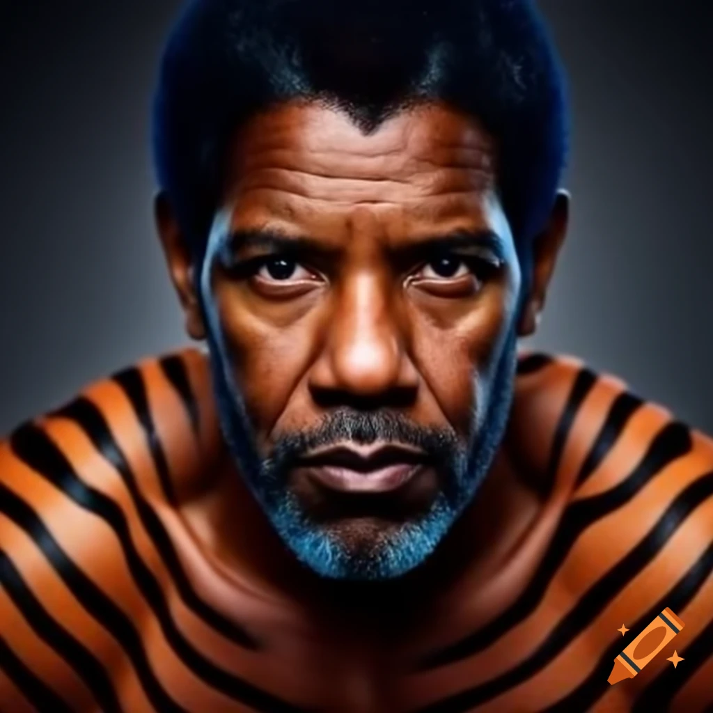Muscular man with tiger-style makeup featuring blue hair and orange skin