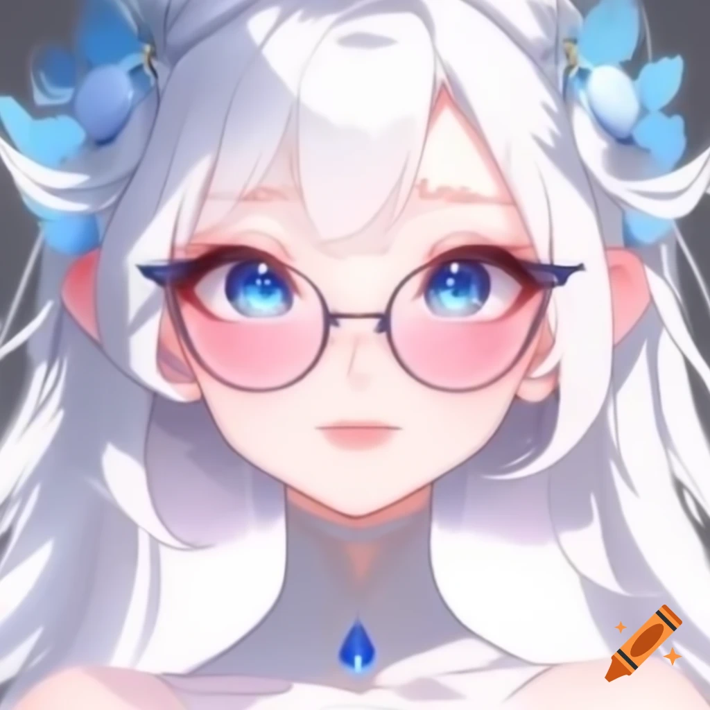 Anime-style portrait of a cute woman with long white and silver hair, blue eyes, and circular spectacles