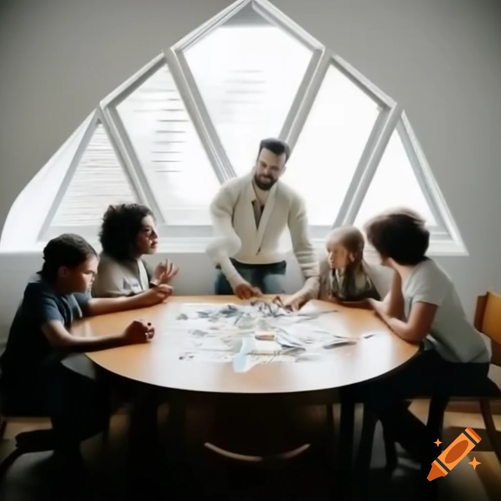 Group of four people laughing and solving a puzzle at a round table