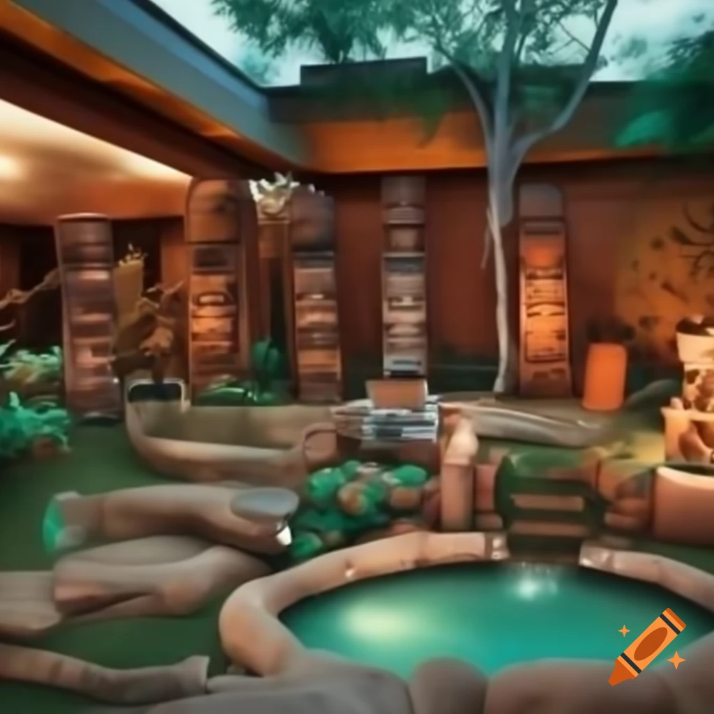 Backyard themed after Mesoamerican culture with Chac Mool and tiki-inspired elements