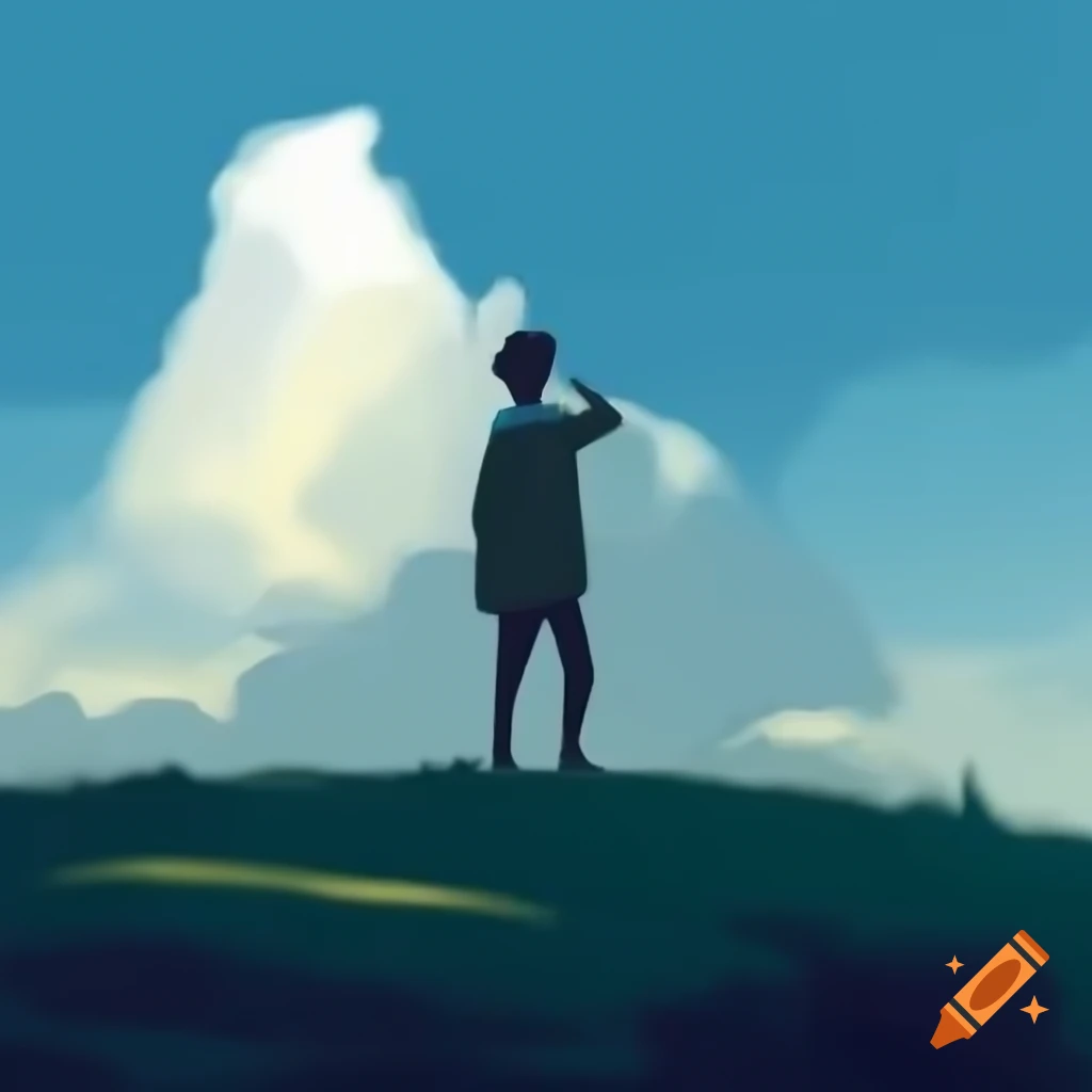 Man standing on hill raising arm towards the sky