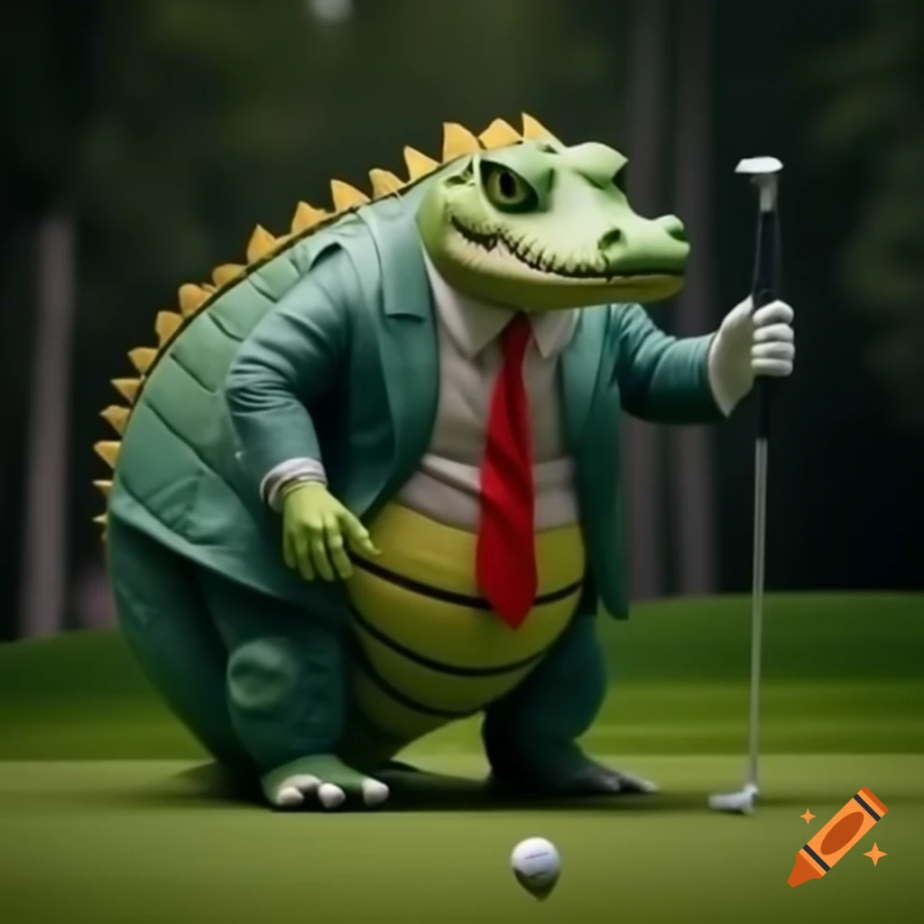 Satirical photorealistic image of character in crocodile costume golfing