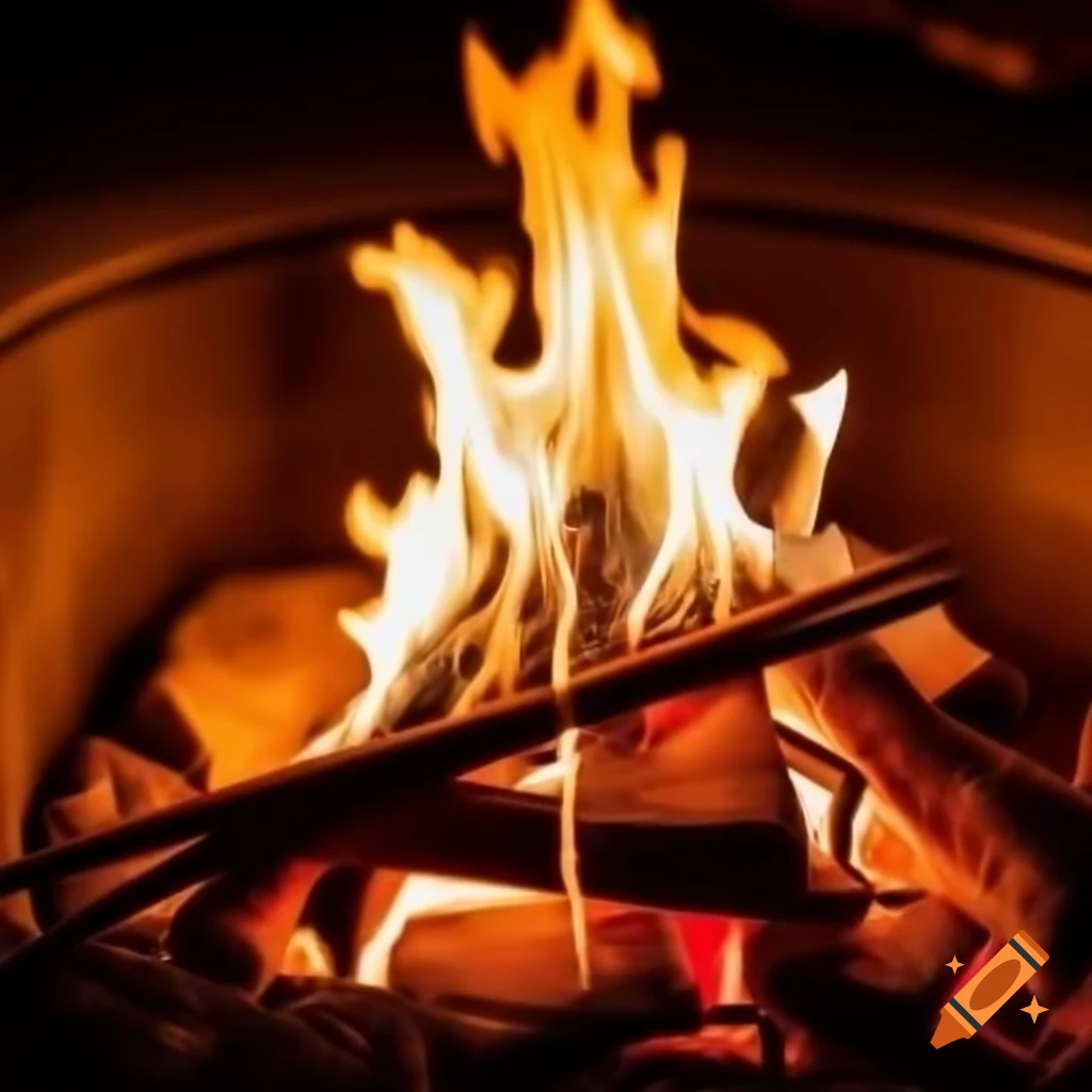 Vibrant bonfire with drumsticks in cozy hearth, conveying musical stories