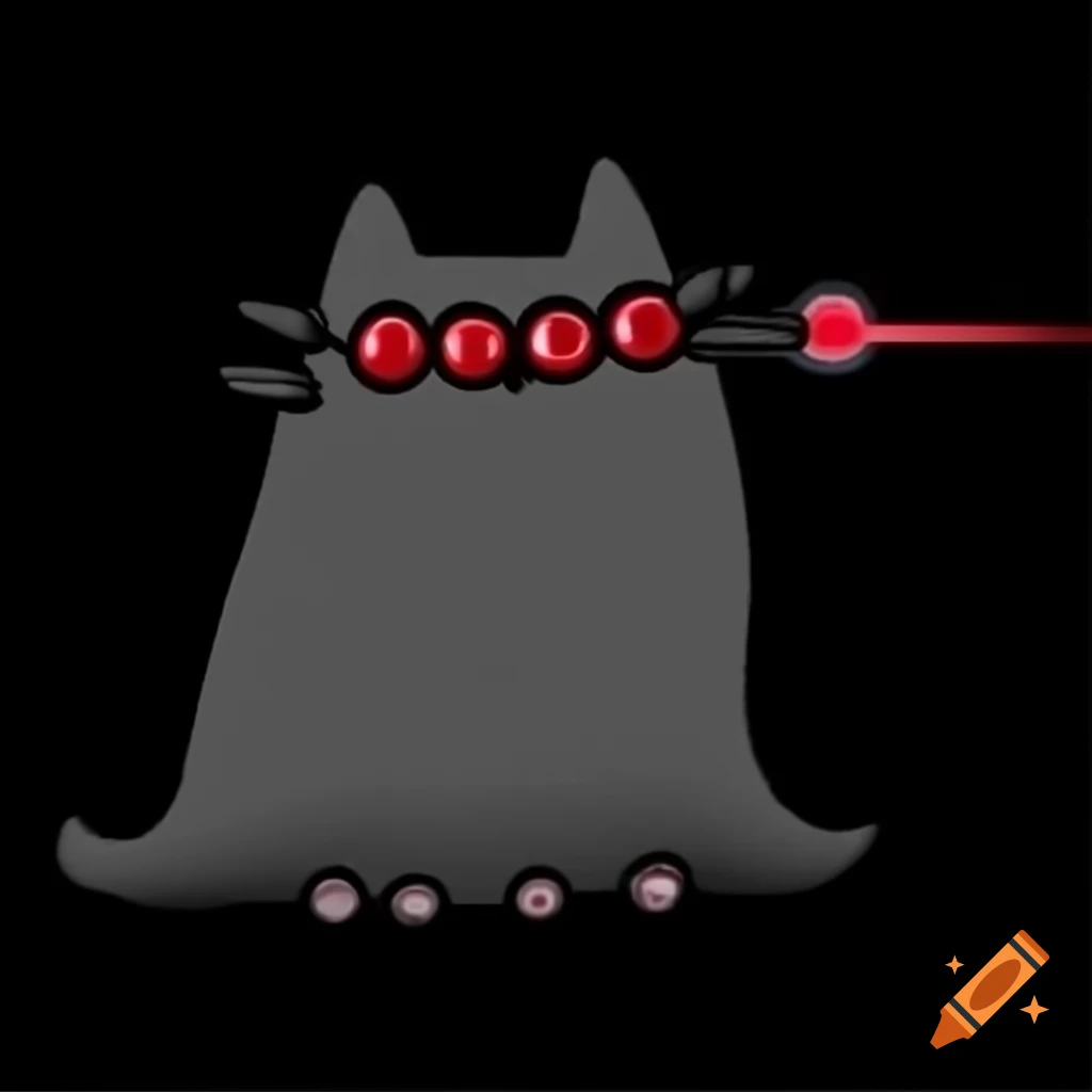 Cartoon cybernetic Pusheen with glowing red laser eyes and long black hair
