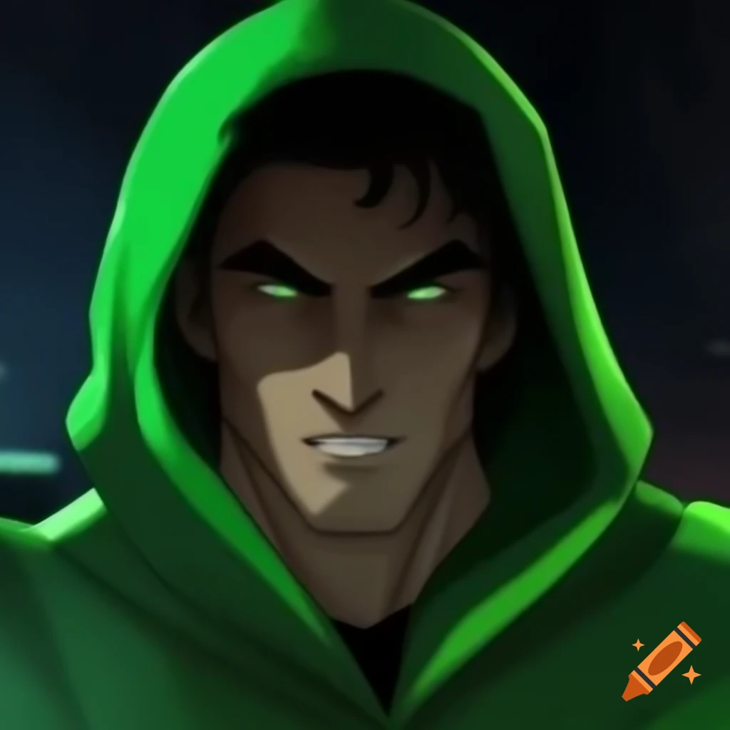 Stoic male earthbender character with green attire