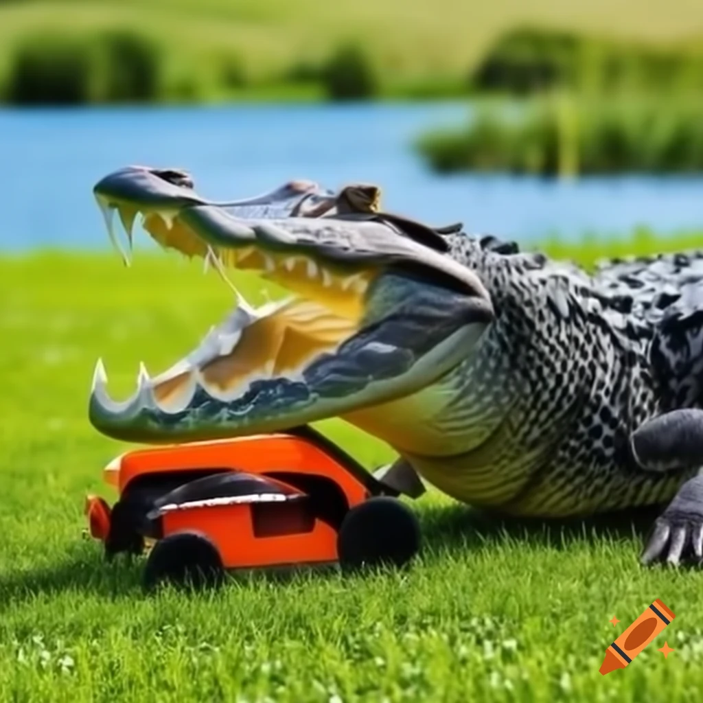 Alligator emerging from lake biting automated lawnmower