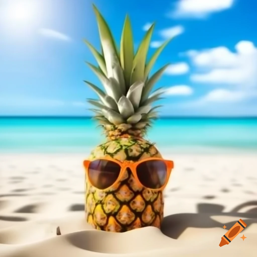 Pineapple wearing orange sunglasses on a white sandy beach