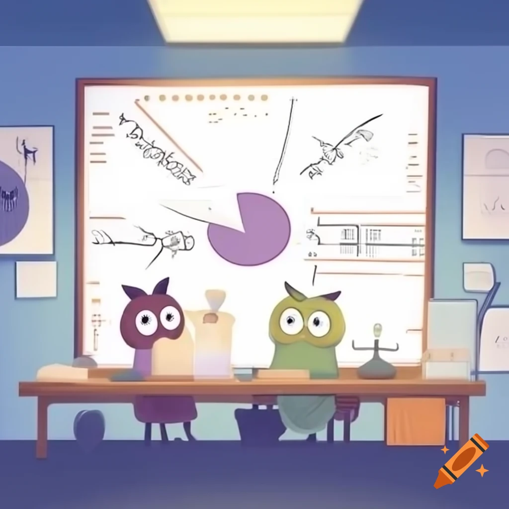 Owls in meeting room discussing materials on whiteboard with diagrams