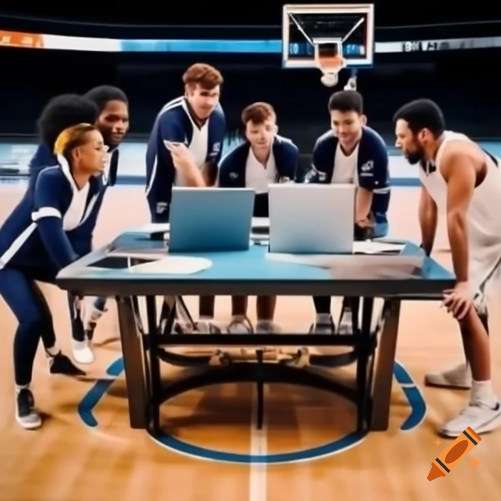 Software development team in jerseys coding around square table resembling basketball court