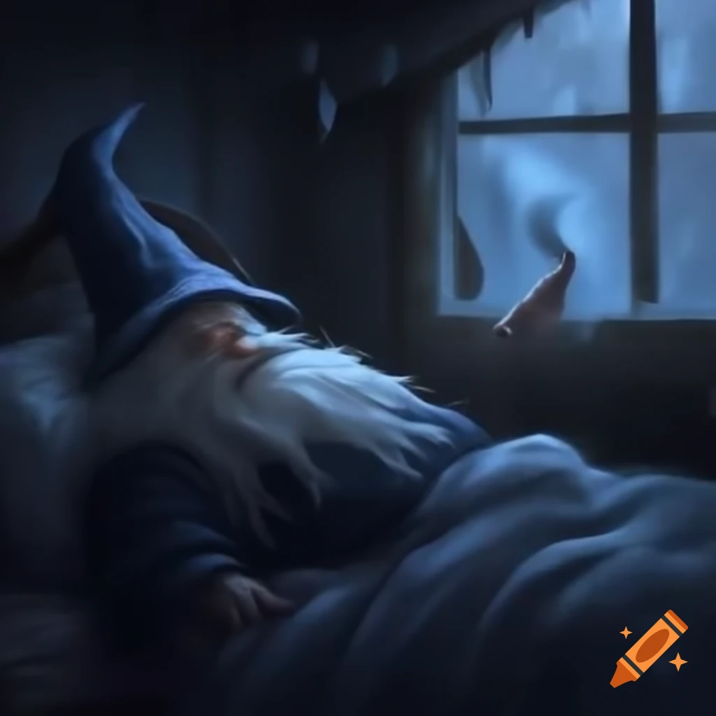 Wizard in bed during winter, gazing at rainy window